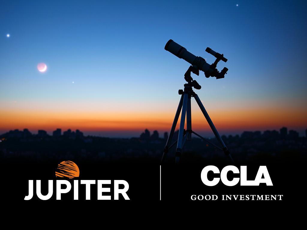 Telescope looking up to the night sky with the CCLA and Jupiter logos